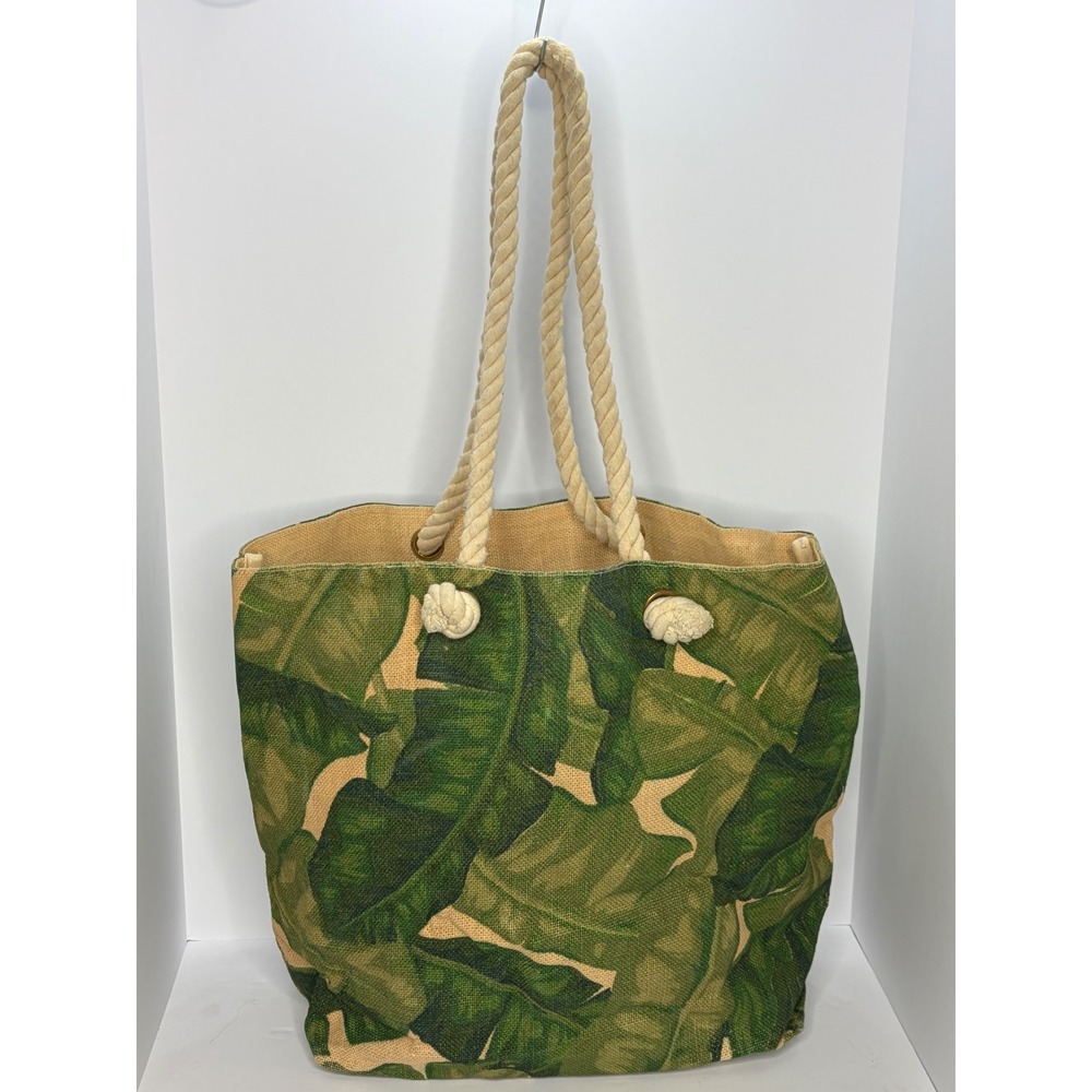 Tropical Banana Leaf Print Burlap Tote Bag Green Rope Handle Beach Bag Flamingo